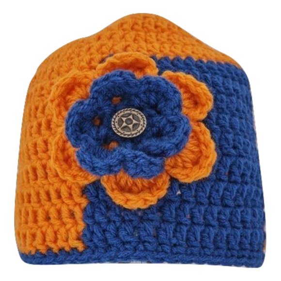 Women’s Homemade Hand Crocheted Orange and Blue Flower Beanie Winter Hat - Picture 2 of 2
